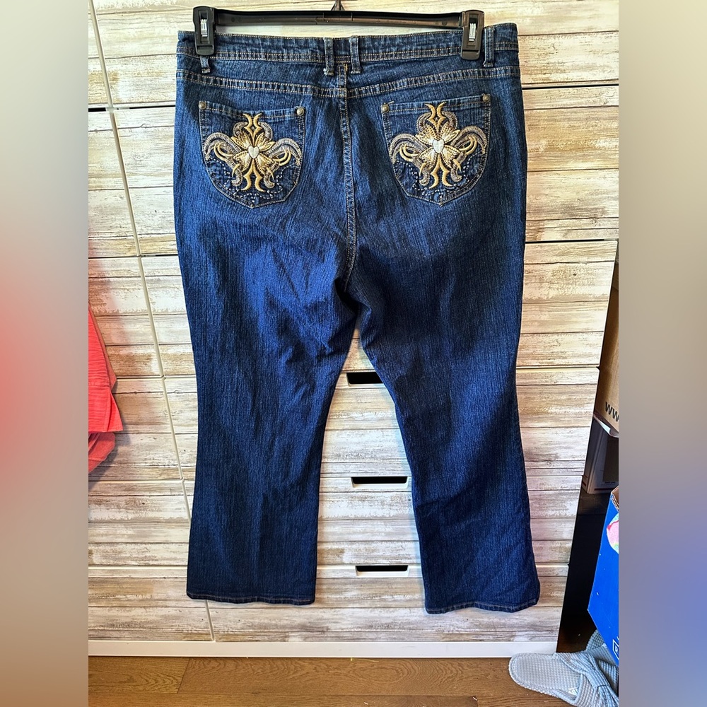 👖✨ Elite Jeans Dark Wash Bootcut Jeans Gold Embroidered Pockets Plus Size 19/20